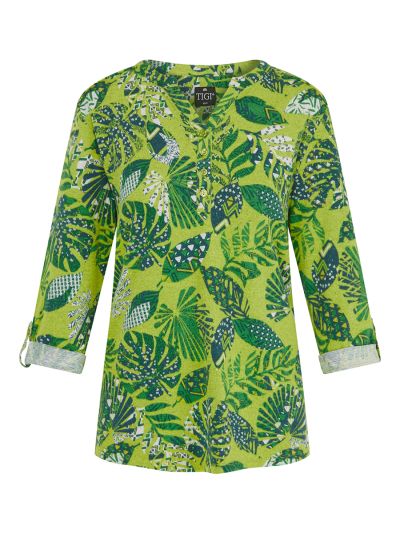 TIGI  Notch Neck Leaf Print Top