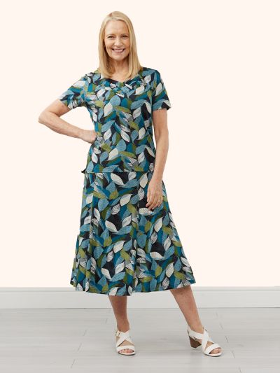 TIGI  French Navy And Turquoise Leaf Print Skirt- Regular