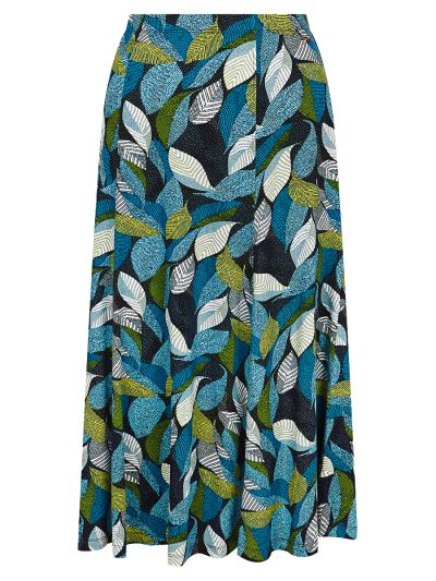 TIGI  French Navy And Turquoise Leaf Print Skirt- Regular