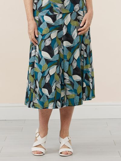 TIGI  French Navy And Turquoise Leaf Print Skirt- Short