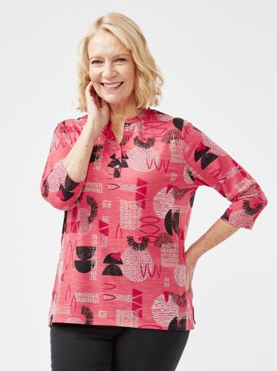 TIGI  All Over Print Pink Azelea Notch Neck Top