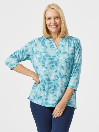 TIGI  Leaf Print Notch Neck Top