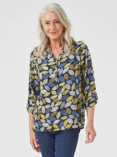 TIGI  Mixed Leaf Print Notch Neck Top