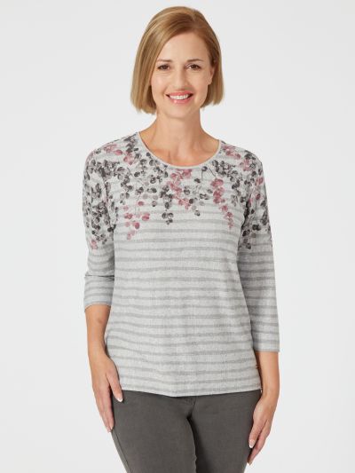 TIGI Floral Print Stripe Round Neck Top