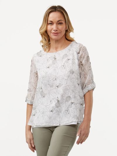 VIZ-A-VIZ  Leaf Stencil Print Chiffon Top