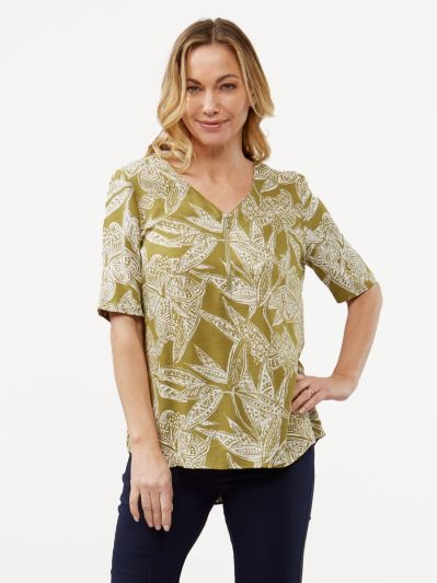 VIZ-A-VIZ  Olive And Ivory Leaf Print Tunic