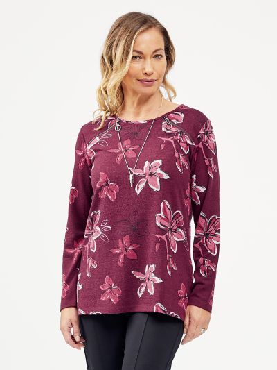 VIZ-A-VIZ  Orchid And Wine Floral Print Top