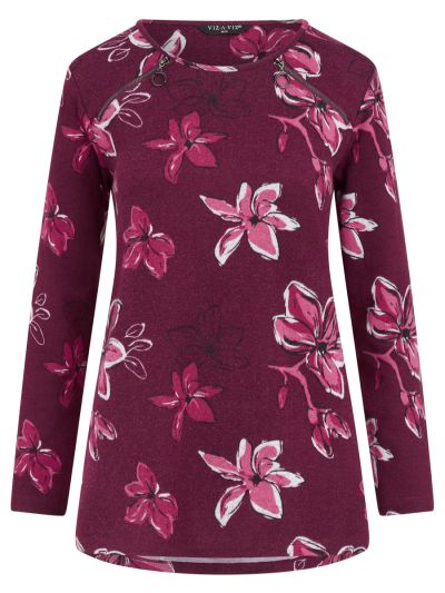 VIZ-A-VIZ  Orchid And Wine Floral Print Top