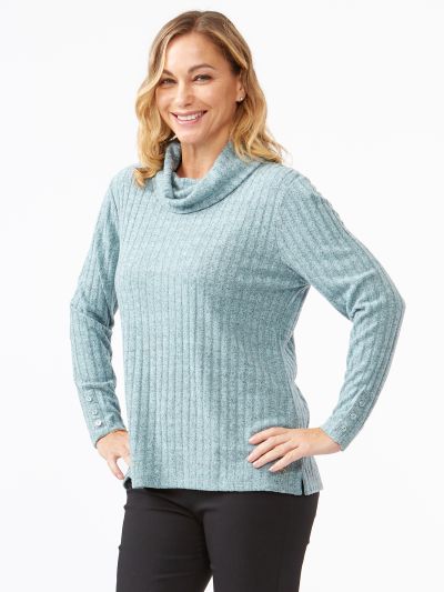 VIZ-A-VIZ Glazier Ribbed Cowl Neck Top