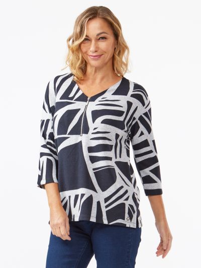 VIZ-A-VIZ  V-neck Navy Print Top