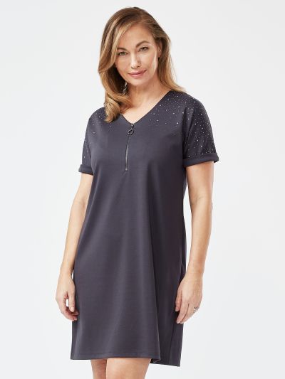 VIZ-A-VIZ  Embellised Shoulder Zip Dress