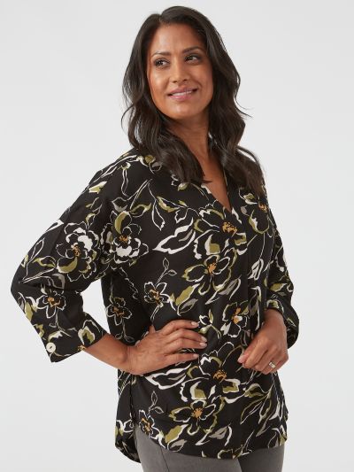 VIZ-A-VIZ  Floral All Over Print Notch Neck