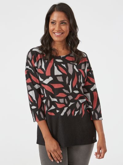 VIZ-A-VIZ  Border Abstract Leaf Print Top