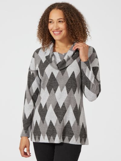 VIZ-A-VIZ Argyle Print Cowl Neck Top